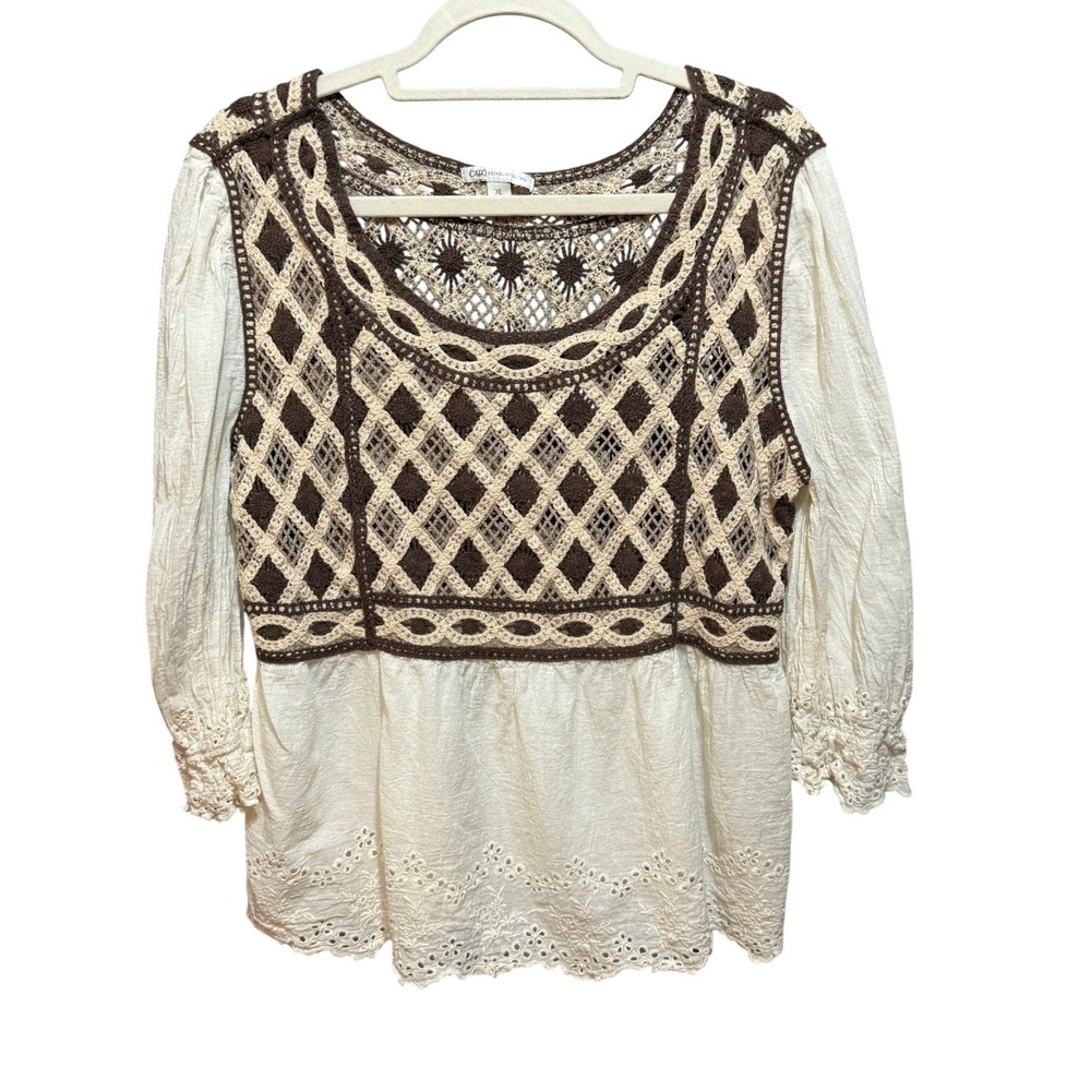 Crochet Lace Peplum Top Ivory Brown Eyelet Sz XL